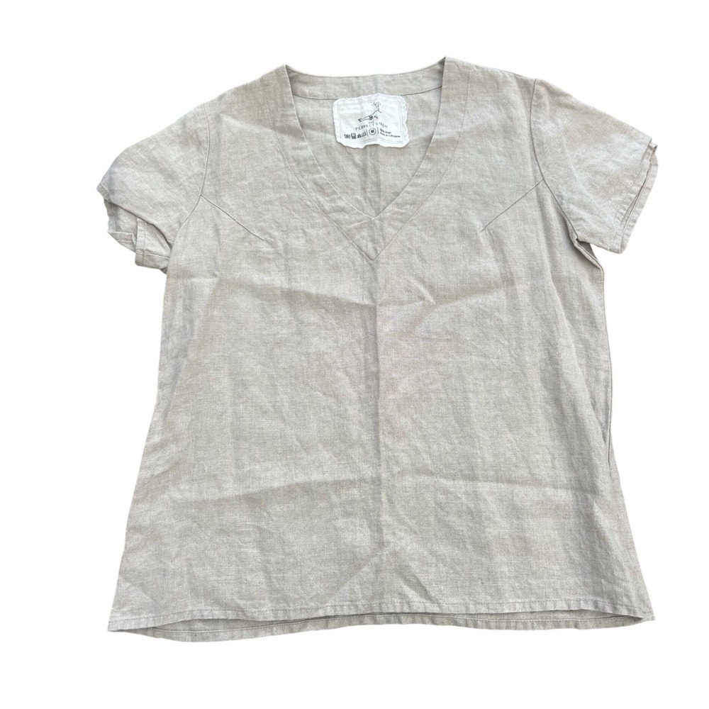 Not Perfect Linen V-Neck Short Sleeve Top Oatmeal Beige 100% Linen Medium